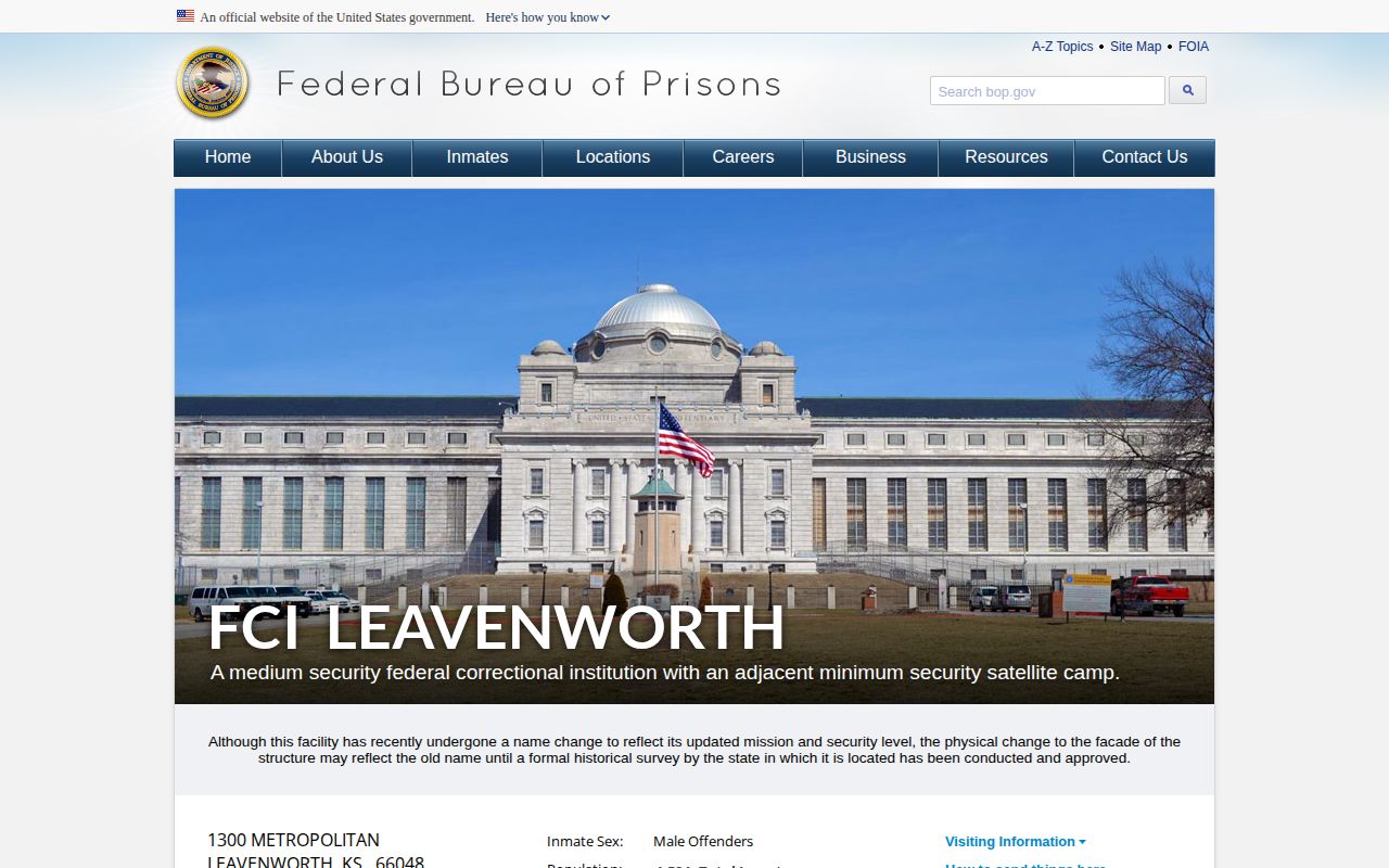 Federal Correctional Institution Leavenworth official BOP facility record