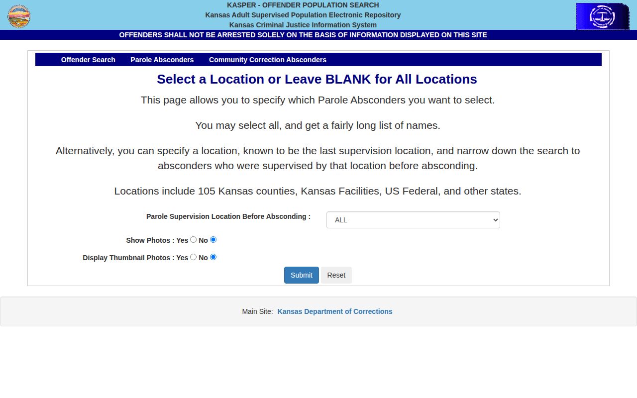 KASPER parole absconder lookup for Leavenworth County supervision verification