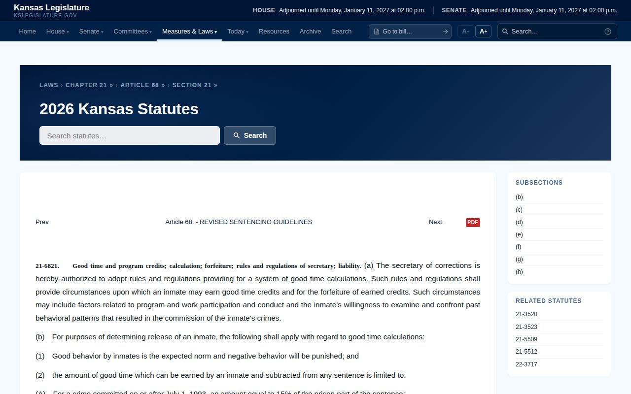 Kansas statute 21-6821 good-time and program-credit rules for projected release